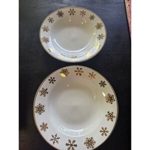 Gibson Celebration Riviera Van Beers Gold Snowflake Soup Bowls Set of 2 White